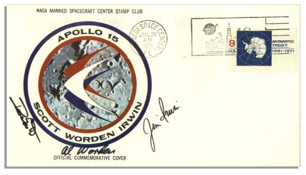 Apollo 15 Crew-Signed, NASA-Issued Astronaut Insurance Cover -- ''Al Worden'', ''Dave Scott'' & ''Jim Irwin'' -- Cancelled 26 July 1971 -- 6.5'' x 3.75'' -- Near Fine -- With COA From Worden