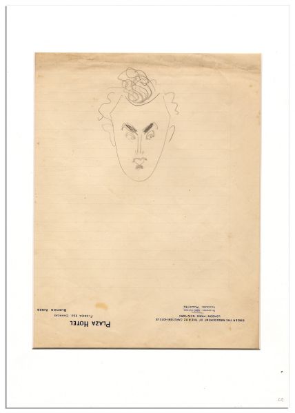 Enrico Caruso Sketch on Plaza Hotel Buenos Aires Stationery Circa 1917 While on a South American Tour