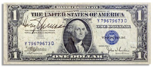President Harry Truman $1 Bill Signed, in Homage to ''The Buck Stops Here!'' -- Scarce