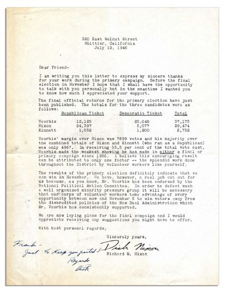 1946 Richard Nixon Campaign Letter With Autograph Note Signed -- ''...take...every opportunity...to win voters away from the discredited policies of the New Deal Administration...''