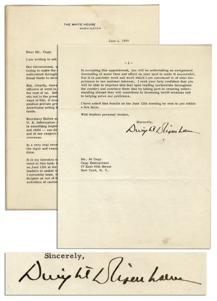 Intriguing Dwight Eisenhower Letter Signed as President to Al Capp -- ''...we must wage peace with all the vigor...of wartime...cartoonists...contribute to lessening [Cold War] world tensions...''