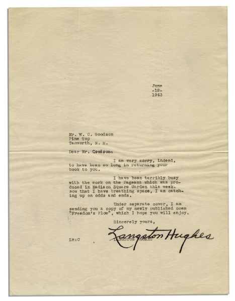 Langston Hughes Typed Letter Signed -- ''...my newly published poem 'Freedom's Plow'...''
