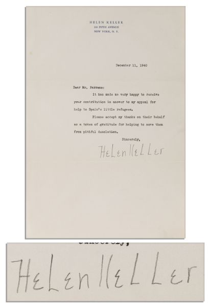 Helen Keller Typed Letter Signed from 1940 -- ''...It has made me very happy to receive your contribution in answer to my appeal for help to Spain's little refugees...''