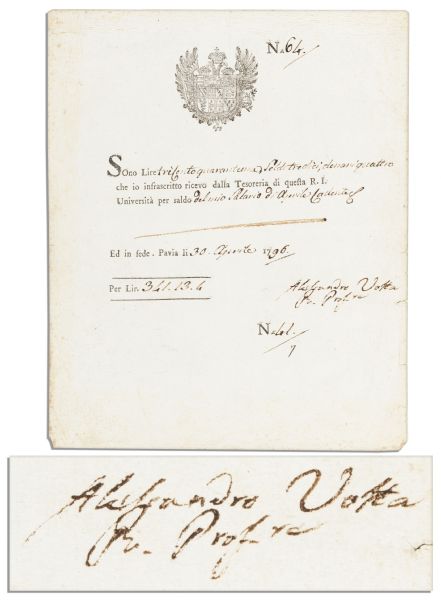 Famed Italian Inventor of the Battery Alessandro Volta Document Signed