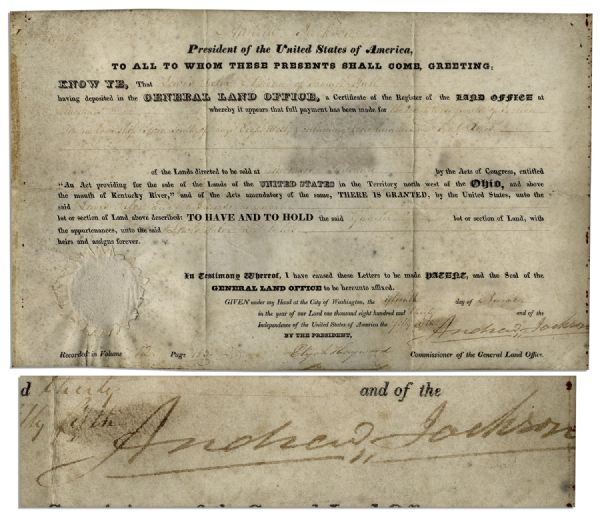 Andrew Jackson Vellum Land Grant Signed as President