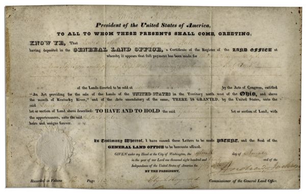 Andrew Jackson Vellum Land Grant Signed as President