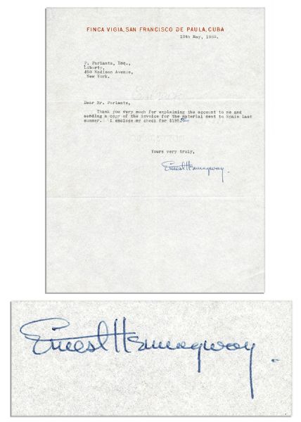 Hemingway Letter Signed the Year Before His Suicide -- ''... for the material sent to Spain last summer...'' -- Referring to the Trip Where He Wrote His Swansong ''The Dangerous Summer''