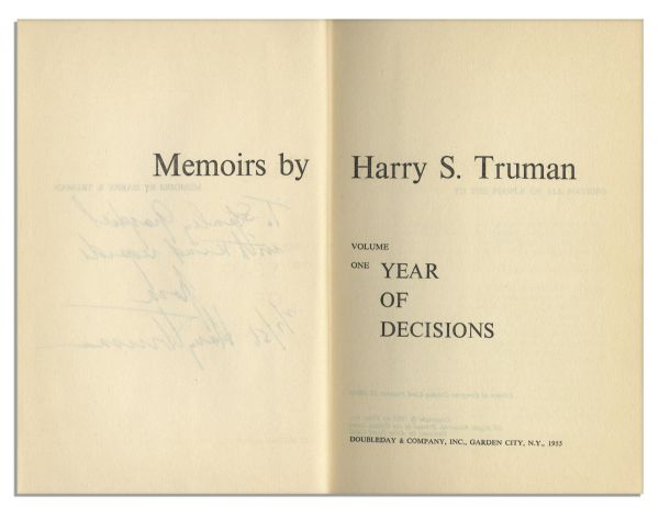 Harry Truman Signed First Edition of His Memoir, ''Year of Decisions''