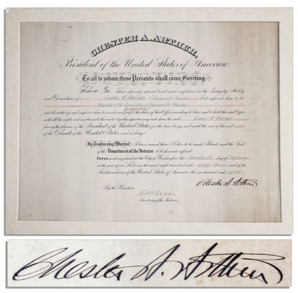 Chester Arthur Document Signed as President -- Very Bold Signature