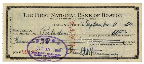Ernest Hemingway Signed Check From 1950 -- Filled Out Entirely in His Hand