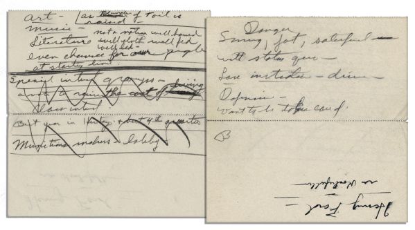 Richard Nixon Handwritten Notes -- Written as Source Material for His Biographer Circa 1958 -- ''...Danger, Smug, fat, satisfied with status quo / want to be taken care of...'' & ''...a nation well...