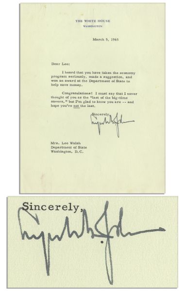 President Lyndon B. Johnson 1965 Typed Letter Signed as President