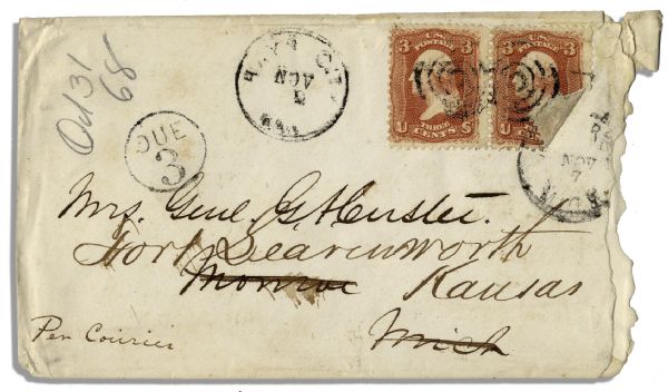 George Custer Full Signature Included in a Handwritten Envelope Made Out to His Wife ''Mrs. Genl G A Custer''