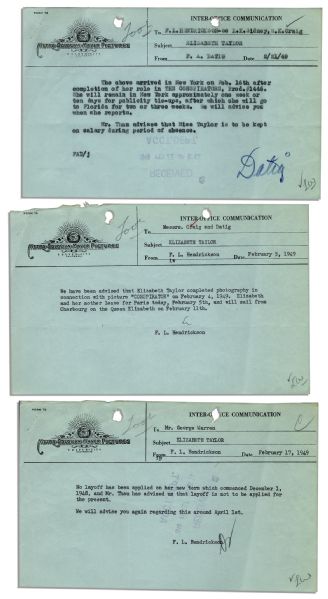 Lot of 7 Notes About Elizabeth Taylor From Early in Her Career -- Dated 1943, 1949 & 1950 on MGM Stationery