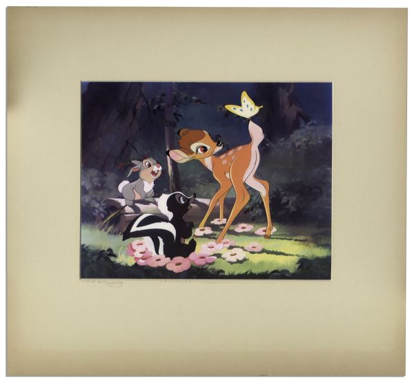 Ray Bradbury Personally Owned ''Bambi'' Reproduction Cel With Bambi, Thumper & Flower -- Disney COA to Verso -- Matted to 16'' x 15'' -- Near Fine -- With COA From Estate