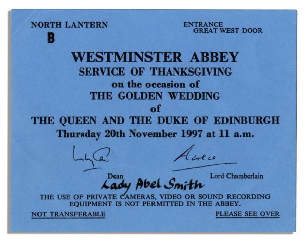 Ticket to Queen Elizabeth II's Golden Wedding Anniversary Celebration -- Issued to the Queen's Lady-in-Waiting