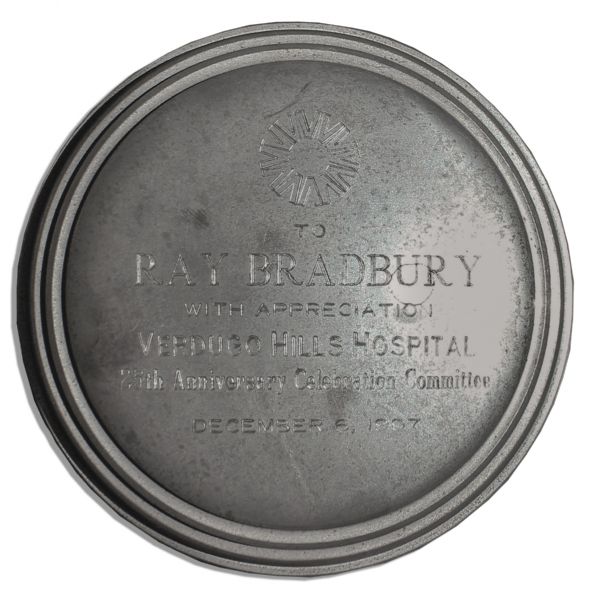 Ray Bradbury Personally Owned Verdugo Hills Hospital Award -- Lidded Box Handmade of Pewter