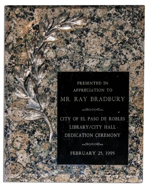 Stone Tablet Plaque Awarded to Ray Bradbury by the City of Paso Robles Library