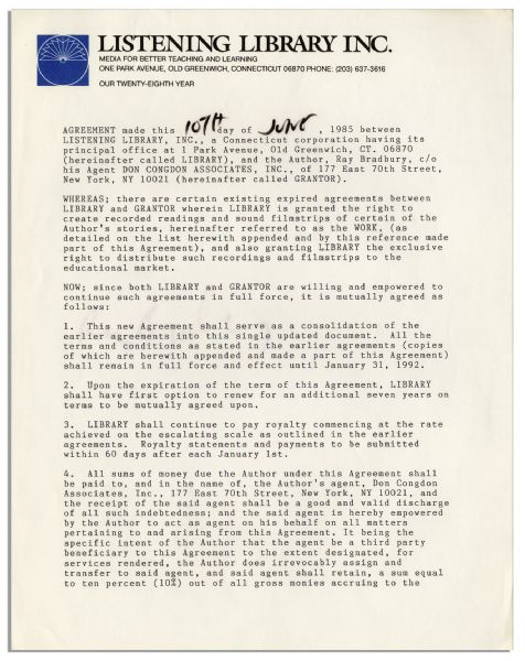Ray Bradbury ''Listening Library'' 1985 Signed Contract
