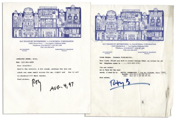 Ray Bradbury Lot of 2 Typed Letters Signed -- ''...contact Georgia Holof, my lyricist for 451...''