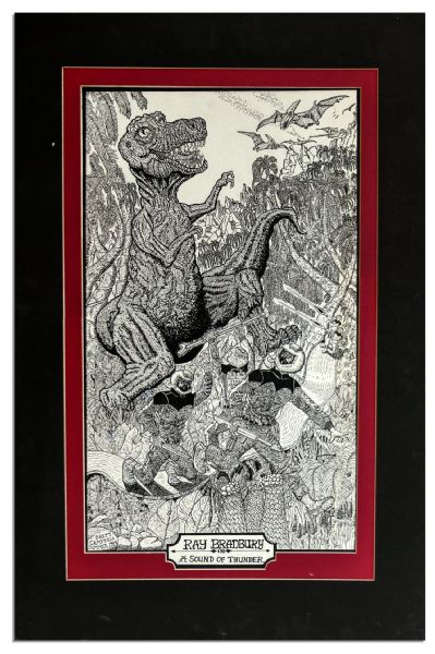 Ray Bradbury Owned Elaborate Ink Drawing Inspired by Bradbury's ''A Sound of Thunder'' -- Measures 23'' x 34.5'' -- Plus a White on Black Werewolf Picture -- Near Fine -- COA From Estate