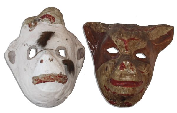 Lot of 4 Costume Masks From Ray Bradbury's Collection -- Puma Mask, Hand-Painted Cat & Simian Masks -- And a Rubber Cowl-Style Monster Mask -- With COA From Estate