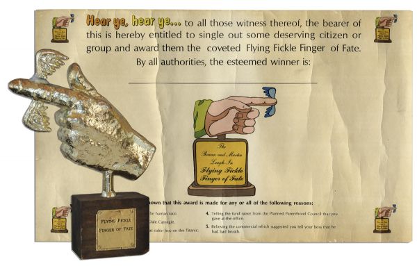 Flying Fickle Finger of Fate Award & Certificate From TV Series ''Rowan & Martin's Laugh-In'' -- Parody Award Given Out to Celebrities & Politicians