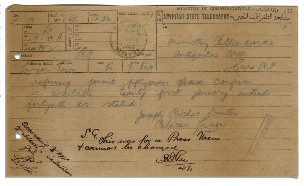 Rare Telegram Pertaining to Press Coverage of King Tut's Tomb, Sent in 1924