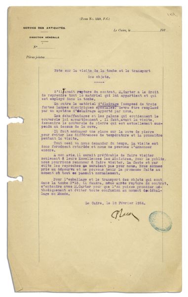 Pierre Lacau Typed Letter Signed as Egypt's Director of Antiquities -- Regarding King Tut's Tomb and Its Discoverer, Howard Carter: ''Note on visiting the grave''