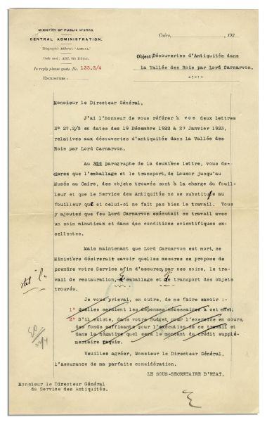 Letter From the Egyptian Government on King Tut's Tomb -- ''...now that Lord Carnarvon is dead...what measures [do] you propose to take in order to assure the care...of the found objects...''