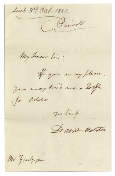 Senator Daniel Webster ''Private'' Autograph Letter Signed as Secretary of State