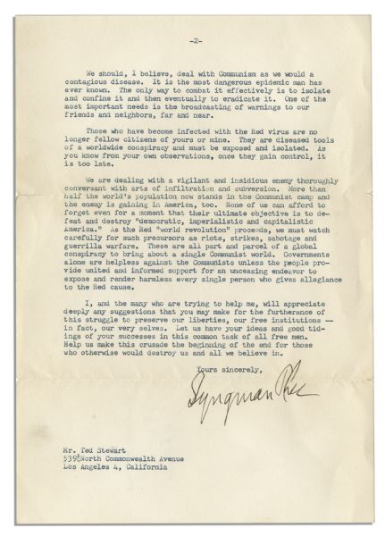 South Korean President Syngman Rhee Typed Letter Signed in 1954 -- ''...We should deal with communism as we would a contagious disease...''