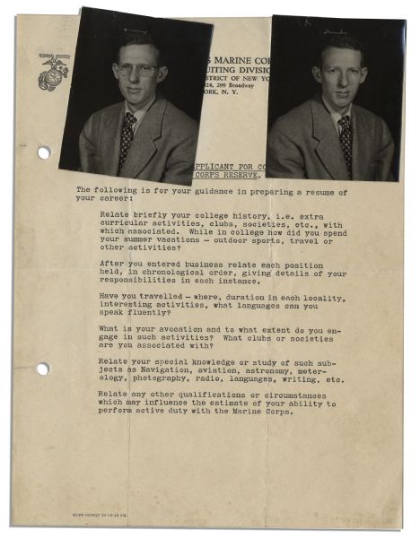 Hugh Brannum's Marine Corps Application Guidelines & Photos -- As the Actor Enlisted in the Marines Before Joining ''Captain Kangaroo''