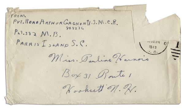 Rene Gagnon Signed Envelope From 1943 While a WWII Marine