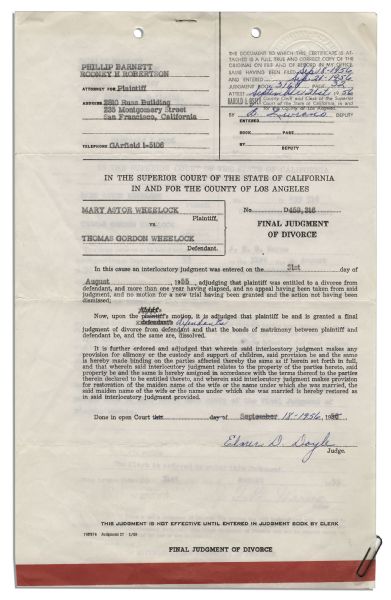 Mary Astor Divorce Certificate From Her Marriage to Thomas Gordon Wheelock