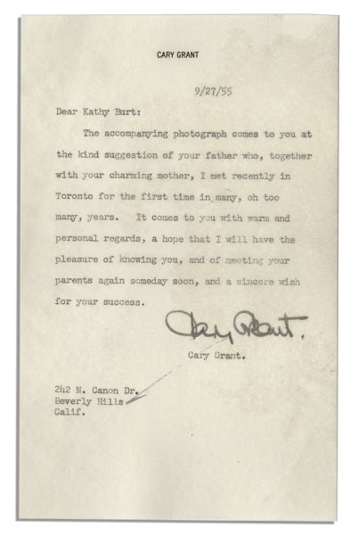 Cary Grant Typed Letter Signed -- Written in 1955 at the Height of His Fame -- ''...hope that I will have the pleasure of knowing you, and of meeting your parents again someday soon...''