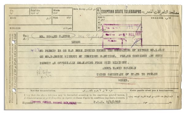 Rare Telegram Pertaining to King Tut's Tomb, Sent to Lead Excavator Howard Carter in 1923 -- ''...No permit is or has been issued...without my previous sanction...''