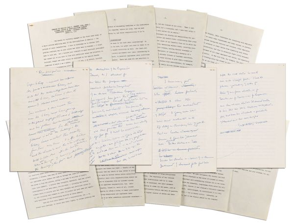 Four Pages of Handwritten Notes by Senator John F. Kennedy, on the Back of a Speech Delivered in 1957 -- With Over 400 Words in His Hand as a Rare Tribute to His Alma Mater, Harvard