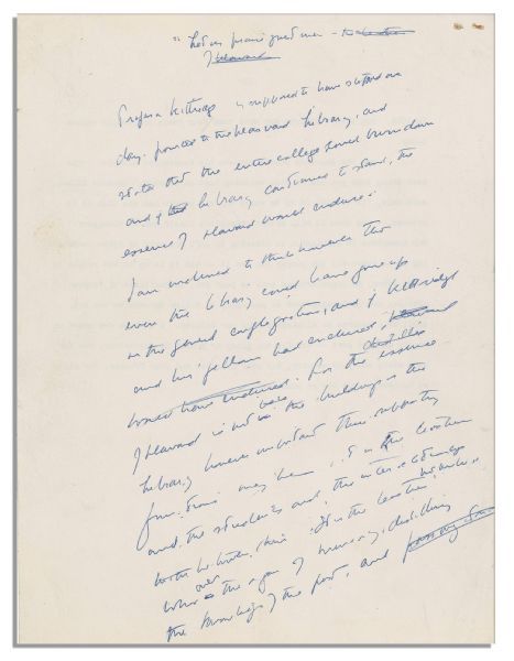 Four Pages of Handwritten Notes by Senator John F. Kennedy, on the Back of a Speech Delivered in 1957 -- With Over 400 Words in His Hand as a Rare Tribute to His Alma Mater, Harvard