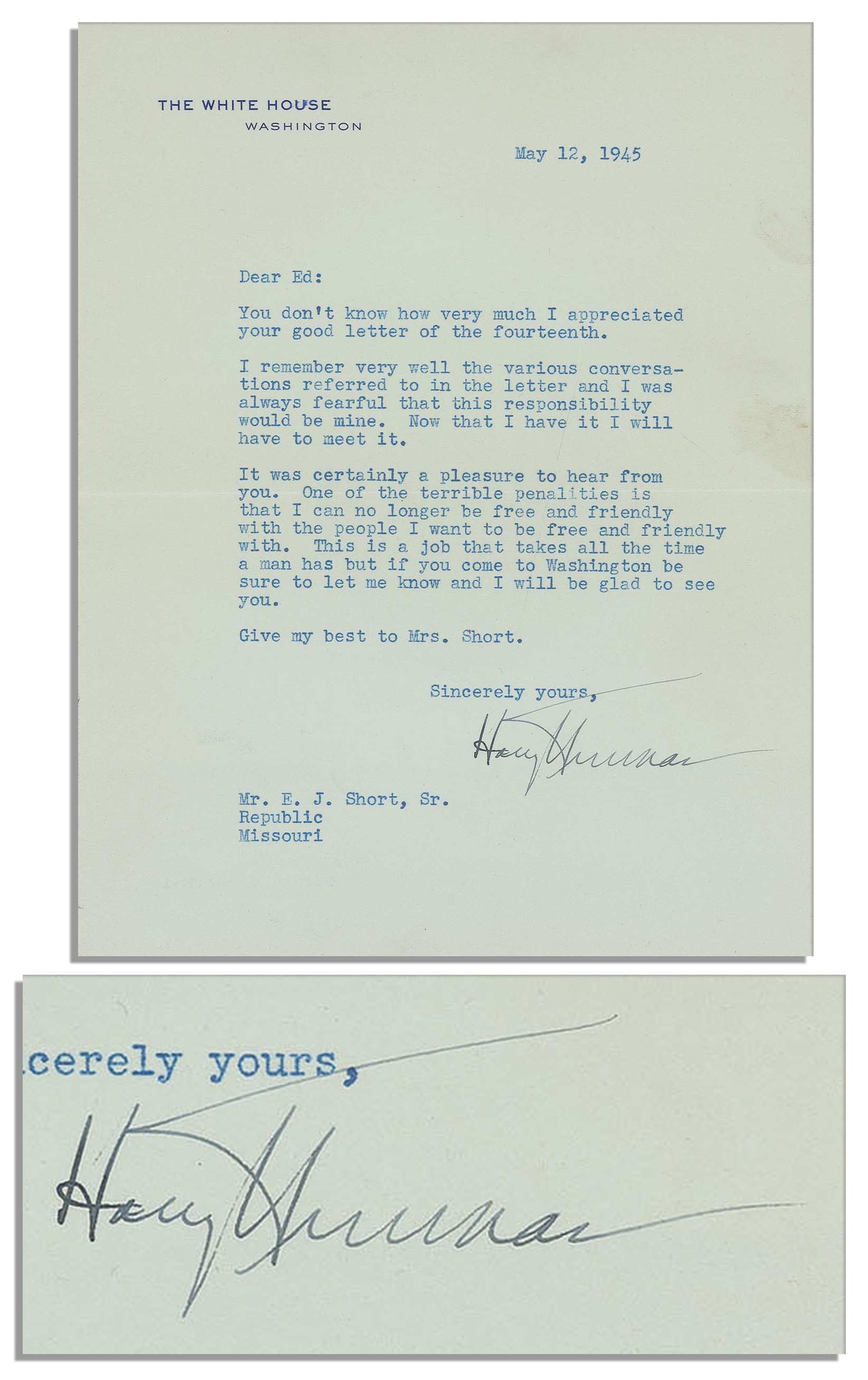 Harry Truman Memorabilia President Harry Truman Letter Signed, One Month Into His New Presidency -- ''...I was always fearful that this responsibility would be mine. Now that I have it I will have to meet it...''