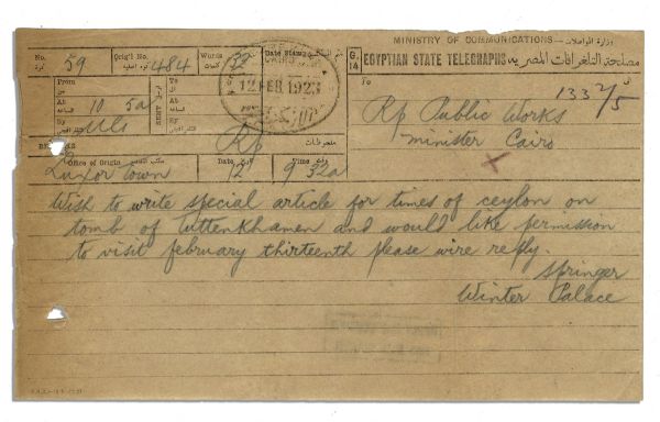 Rare Telegram Pertaining to Press Coverage of King Tut's Tomb, Sent in 1923