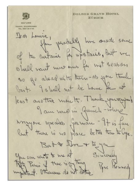 Rose Kennedy Autograph Letter Signed -- From Zurich to Her Maid in Hyannisport -- ''...There is no Place Better Than The Cape...''