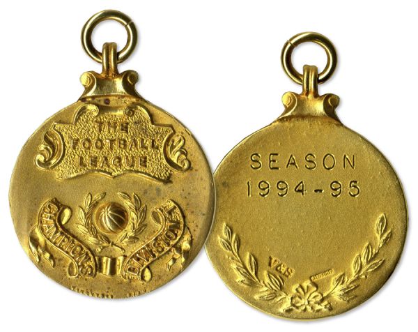 ''Football League'' Gold Championship Medal Awarded to Middlesbrough F.C. Player Steve Vickers -- Awarded for 1994-95 First Division Championship
