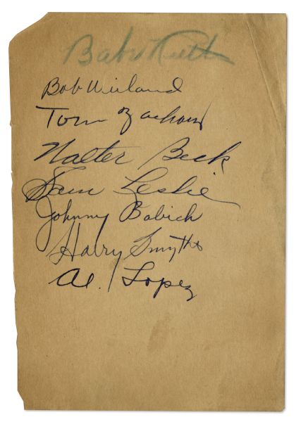 Babe Ruth Autograph, Plus Signatures From 7 Other Players Including Hall of Famer Al Lopez -- With JSA COA
