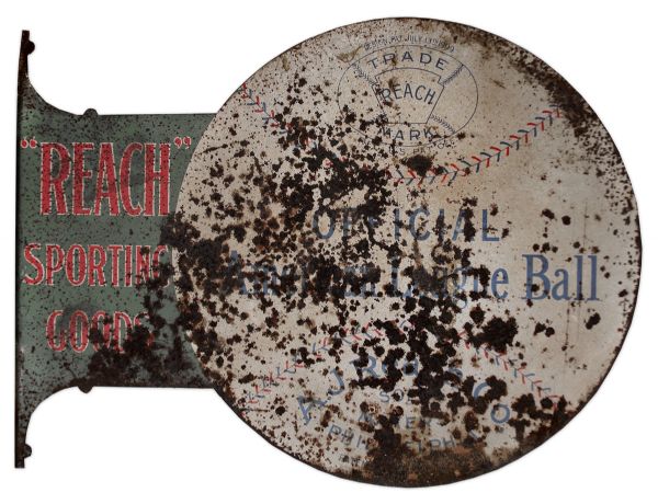 Rare 1909 Double-Sided Metal Sign Advertising the Debut of the Patented ''Reach Sporting Goods'' American League Baseball