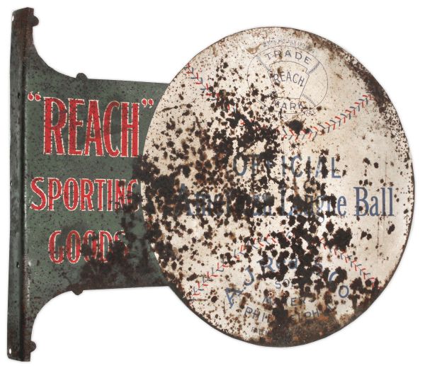 Rare 1909 Double-Sided Metal Sign Advertising the Debut of the Patented ''Reach Sporting Goods'' American League Baseball