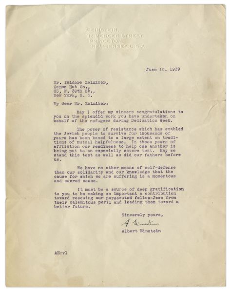 Albert Einstein Typed Letter Signed From 1939 -- Defending His Jewish Heritage -- ''...The power of resistance which has enabled the Jewish people to survive for thousands of years...''