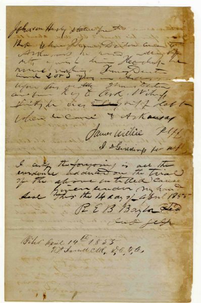 Texas Slave Document Signed by Justice R.E.B. Baylor