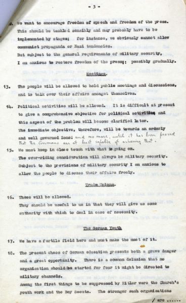''Top Secret'' Draft Signed by Bernard Montgomery in July 1945 -- With Numerous Hand-Edits by Montgomery Such as ''allow conversation with adult Germans in the streets and in public places''