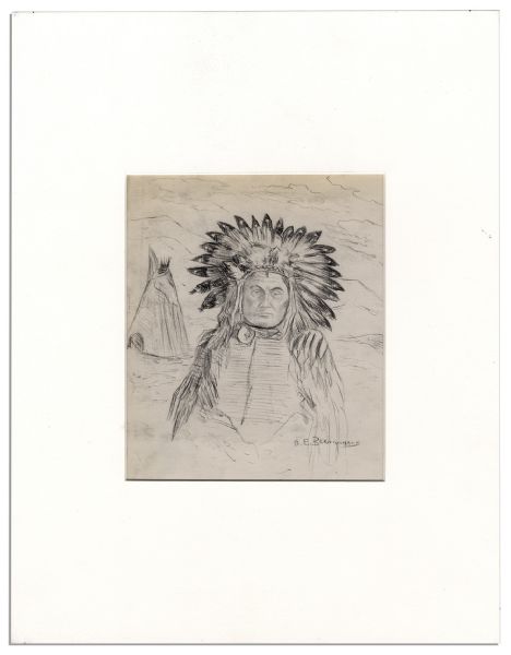 Rare Oscar Edmund Berninghaus ''Native American Chief'' Pencil Sketch Signed